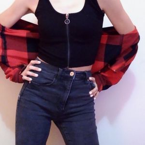 Black zipped up tank top with plaid sweater